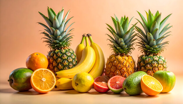 Susunan buah tropis segar dengan nanas dan sitrus