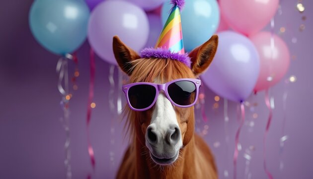 Brown horse wears purple sunglasses and party hat. Colorful balloons float in purple background. Animal celebrates event looking joyful and festive. Pet enjoys surprise party for fun.