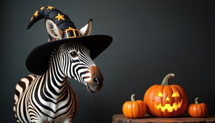 Fototapeta premium Zebra wears witch hat near glowing carved pumpkins. Spooky Halloween animal scene with festive orange gourds. Fall holiday celebration concept. Dark background.