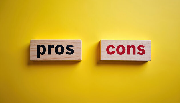Two wooden blocks showing pros and cons sit on a bright yellow background. This visual represents comparing choices and making decisions about potential options for business or personal life.