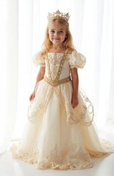 Little blonde girl wears princess dress and golden crown. She stands in studio, smiling innocently. Child dreams of fairy tales. Princess costume makes her happy.