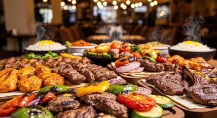 A lavish spread of grilled meats and vegetables is displayed on a dark wooden table.