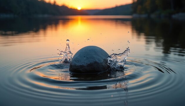 Rock skips across lake surface at sunset creating beautiful water splash and concentric ripples. Golden light reflects on calm water as stone impacts liquid, showing nature energy.