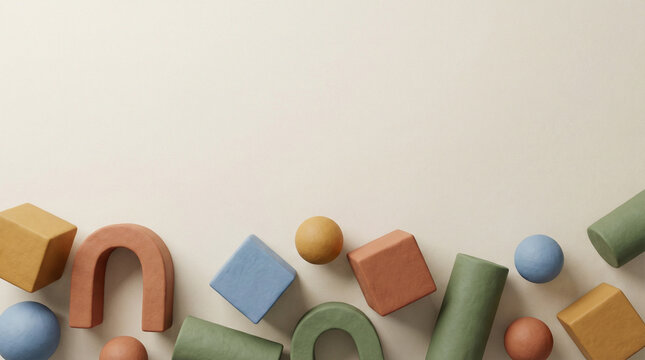 Top-down minimal clay-style geometric scene with cubes, arches, cylinders, and spheres on a neutral cream background, soft natural lighting and subtle shadows