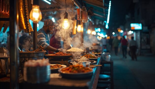 Vibrant night shot of a colorful Pakistani street food stall with steam and neon lights created with generative AI.