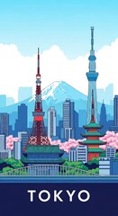 Obraz premium Stylized illustration showcases iconic structures and natural beauty of a large eastern metropolis