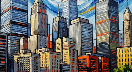 Vibrant Impressionist Painting of a Bustling Cityscape with Tall Buildings.