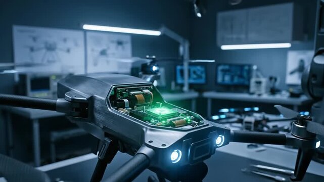Ai warfare military autonomous drone drones swarm control technology advanced lab as robotic arm installs ai chip and examines exposed circuit board glowing core for futuristic battlefield strategy