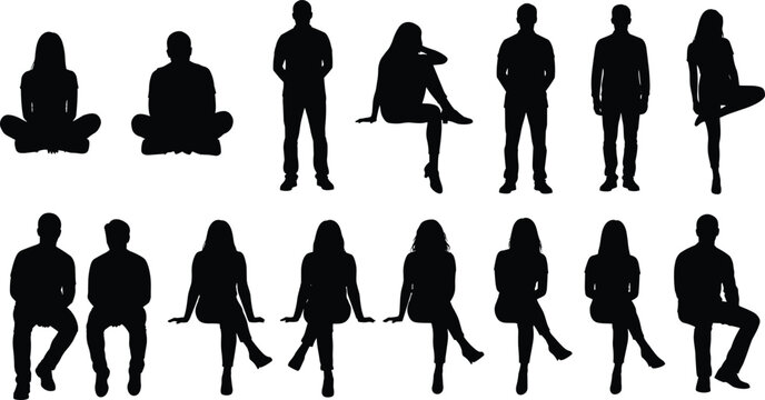 Collection of people silhouettes sitting and standing in various poses, men and women human figures set isolated vector illustration on white background