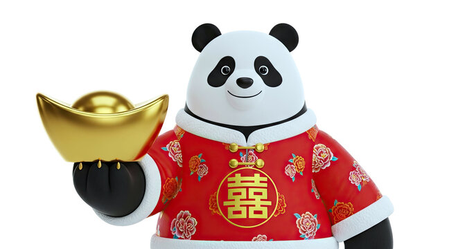 Cartoon Panda in Traditional Chinese New Year Attire Holding Gold Ingot