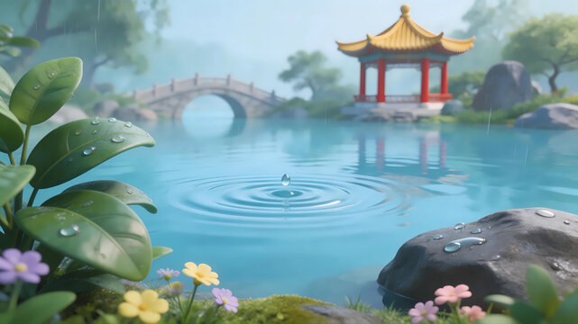 Rain Water (Yushui) solar term illustration of traditional Chinese pavilions and gardens