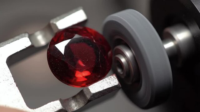 Polishing Faceted Red Gemstone with Rotating Tool for Jewelry Crafting in Studio with Reflected