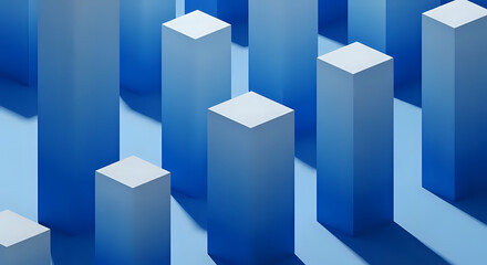 Fototapeta premium A close-up view of a series of blue rectangular prisms of varying heights arranged in a seemingly random pattern on a flat surface