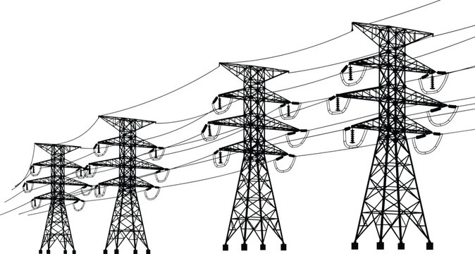 High voltage electricity transmission towers with power lines silhouette, industrial energy infrastructure illustration showing steel lattice pylons isolated on white background