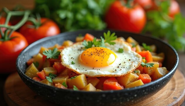 Savory breakfast hash with fried egg. Potatoes carrots and tomatoes are cooked with spices. Healthy meal served in a bowl. Garnish with parsley and pepper seasoning.