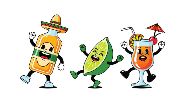 A cartoon tequila bottle wearing a sombrero dances alongside a lime wedge and a tropical cocktail glass with a cherry and orange slice.