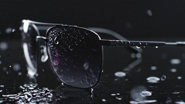Extreme close up sunglasses with water splash impact, crystal clear droplets frozen in slow motion, dramatic studio lighting, black reflective surface, ultra sharp focus, luxury commercial product sty