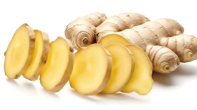 A vibrant, freshly sliced ginger root is elegantly displayed on a pristine white background. The bright yellow-cream interior of the ginger is exposed in clean, circular slices, highlighting its natur