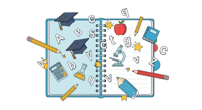 Open Notebook with Education and Learning Elements Vector Illustration for School, Study, and Knowledge Concepts