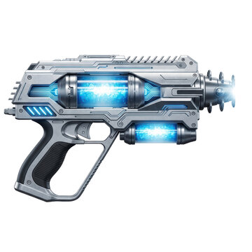Futuristic sci-fi plasma gun with glowing blue energy cells