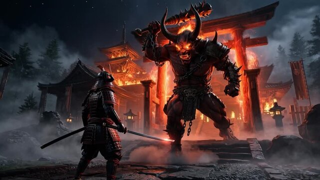 Samurai facing massive fiery demon monster at burning temple