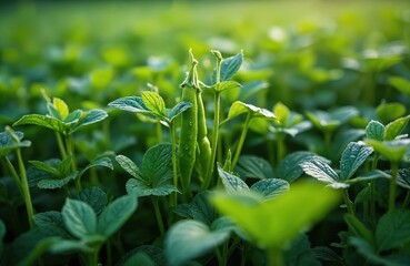 Obraz premium Green pea plants grow in garden bed. Rich leaves unfurl showing tendrils and developing pods. Fresh vegetable sprouts thrive with water droplets on leaves in sunlight.