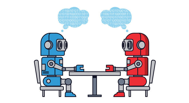 A blue robot and a red robot sit at a grey table while communicating through speech bubbles filled with binary code on a white background.