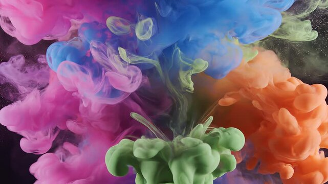 vibrant colorful smoke and liquid ink exploding in slow motion, abstract psychedelic patterns forming organic shapes, bright neon colors, cinematic macro shot, ultra detailed particles, smooth motion,