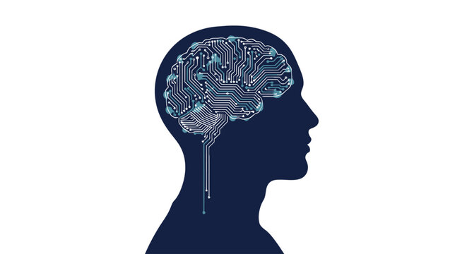 Human head silhouette with glowing digital brain representing artificial intelligence, neuroscience technology and smart thinking concept