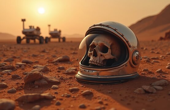 Human skull inside astronaut helmet on dusty Mars planet surface. Rovers parked in distance during orange sunset light. Empty desolate landscape.