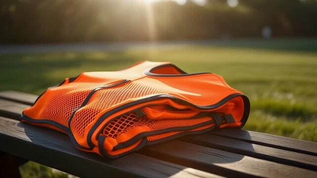 Mesh Training Vest. Soccer/Football Merchandise Mockup (No Brand, No Logo). Merchandise Mockup. A orange mesh training bib folded neatly on a dark wooden bench, set in a sunlit sideline environment
