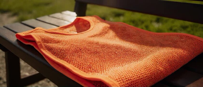Mesh Training Vest. Soccer/Football Merchandise Mockup (No Brand, No Logo). Merchandise Mockup. A orange mesh training bib folded neatly on a dark wooden bench, set in a sunlit sideline environment
