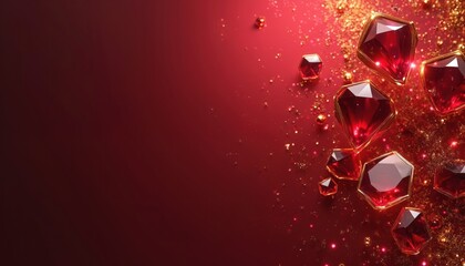 Red geometric ruby gems with gold edges float on dark red backdrop. Small gold particles sparkle around the luxurious precious stones. Empty space for text.