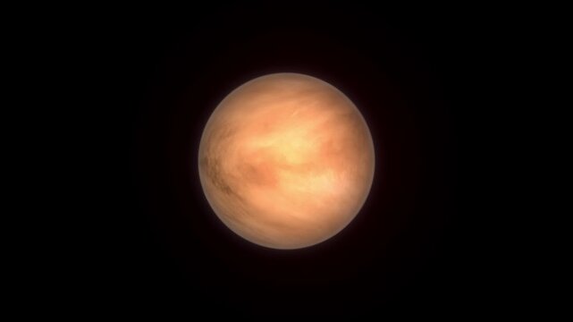 Orange planet Venus with swirling clouds and atmospheric haze against a black void space cosmos