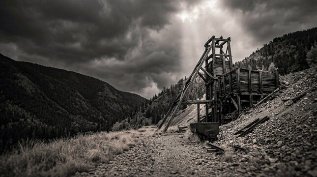 Rustic old wooden mining headframe standing abandoned in a dramatic mountainous landscape under dark, stormy skies.