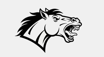 Fototapeta premium Bold black and white illustration of a horse head with open mouth and teeth