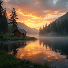 Fototapeta premium Log cabin sits on grassy bank beside misty lake at sunrise. Orange sky reflects on calm water surface. Pine forest covers hillsides in background.