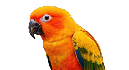 Fototapeta premium A vibrant orange parrot with yellow and green feathers stands out against a black background