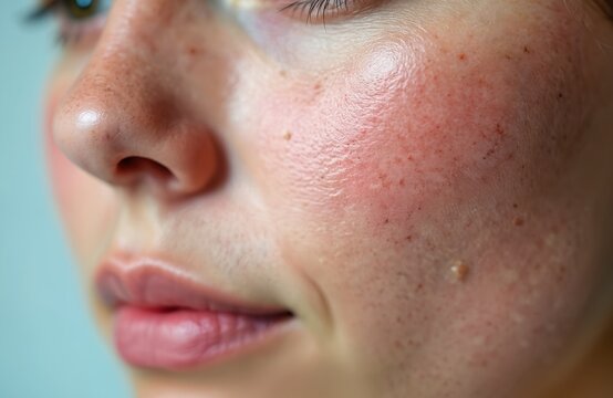 Macro closeup shows facial skin with red patches and small brown spots. Uneven pigment and texture are visible. Skin condition details, dermatology closeup.
