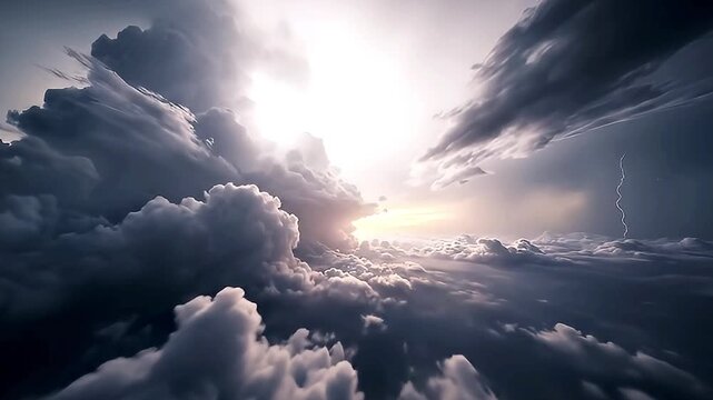An epic aerial view showcases a powerful and dramatic storm brewing above a vast sea of dense, roiling clouds. Brilliant flashes of lightning frequently illuminate the dark thunderheads as a warm, gol