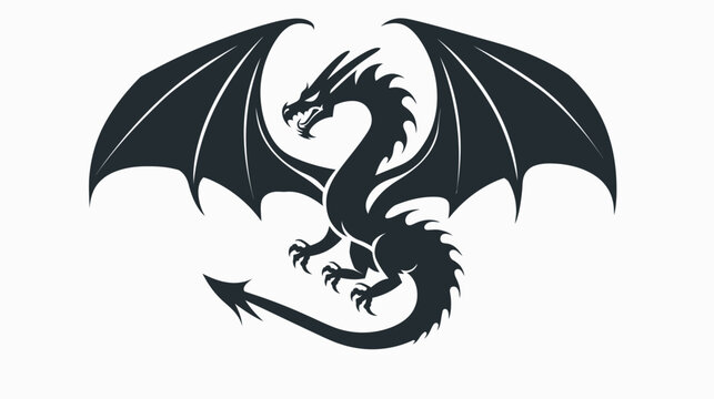 Black dragon silhouette soaring with outspread wings against white background