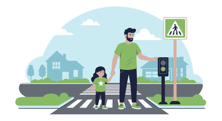 Father and daughter crossing street safely at pedestrian crossing with traffic light