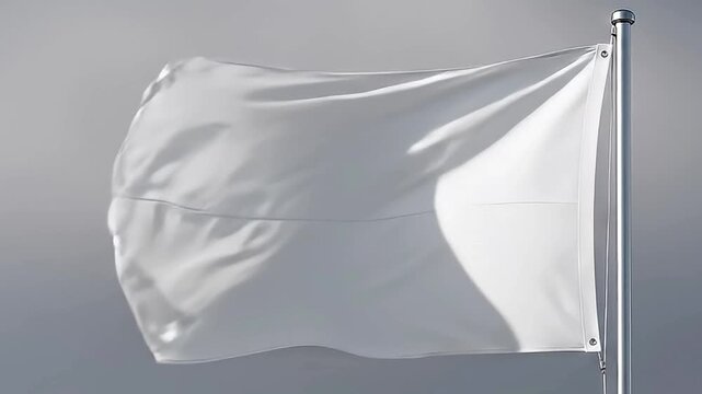 An immaculate white flag gracefully waves and flaps in the wind against a clean, neutral grey background. The flag, devoid of any emblems or text, billows dynamically on its metallic flagpole, creatin