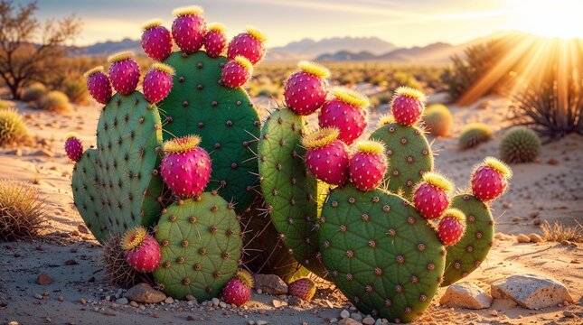 A vivid desert scene featuring lush green prickly pear cactus paddles thriving in a dry, arid landscape. The thick, oval cactus pads are covered with fine sharp spines and tiny glochids
