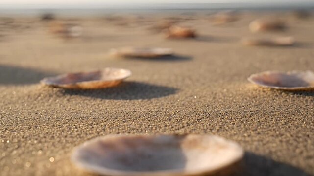 Pastel seashell sand surface background with slow shadow drift and gentle shell highlight movement