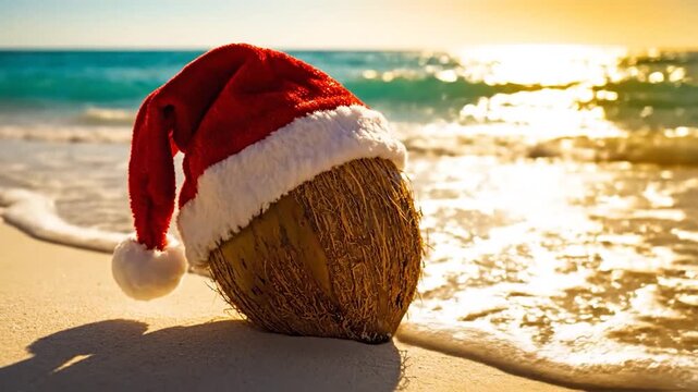 Coconut in Santa Hat on Beach