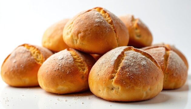 Golden brown bolillo rolls stacked together, dusted with flour, on a white surface. These fresh baked buns are perfect for breakfast or as a meal accompaniment. Made from wheat and flour.
