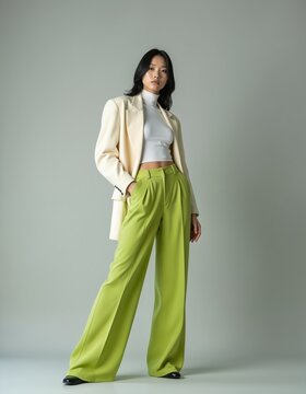 Young Asian woman wears stylish outfit. Light blazer, white top, green wide-leg pants. Poses confidently with hands in pockets. Pro studio portrait.