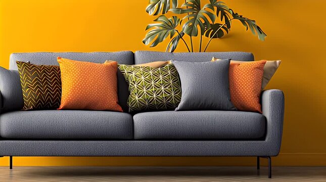 A modern living room scene showcases a gray sofa adorned with patterned pillows against a vibrant yellow wall. A tropical plant adds a pop of natural green