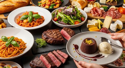 A person is presenting a lavish spread of diverse dishes on a dark slate surface.